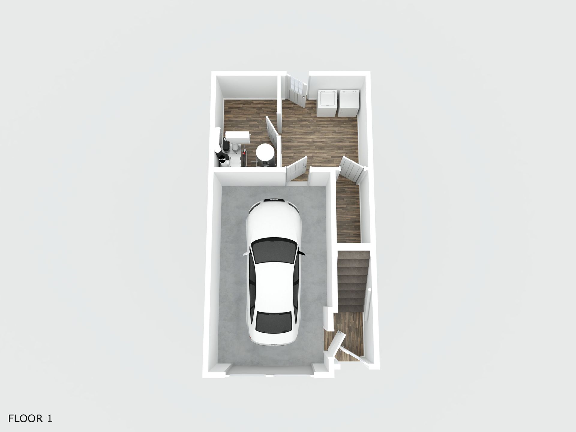 A 3d floor plan of a house with a car in the garage. - 310 Sruthi Drive