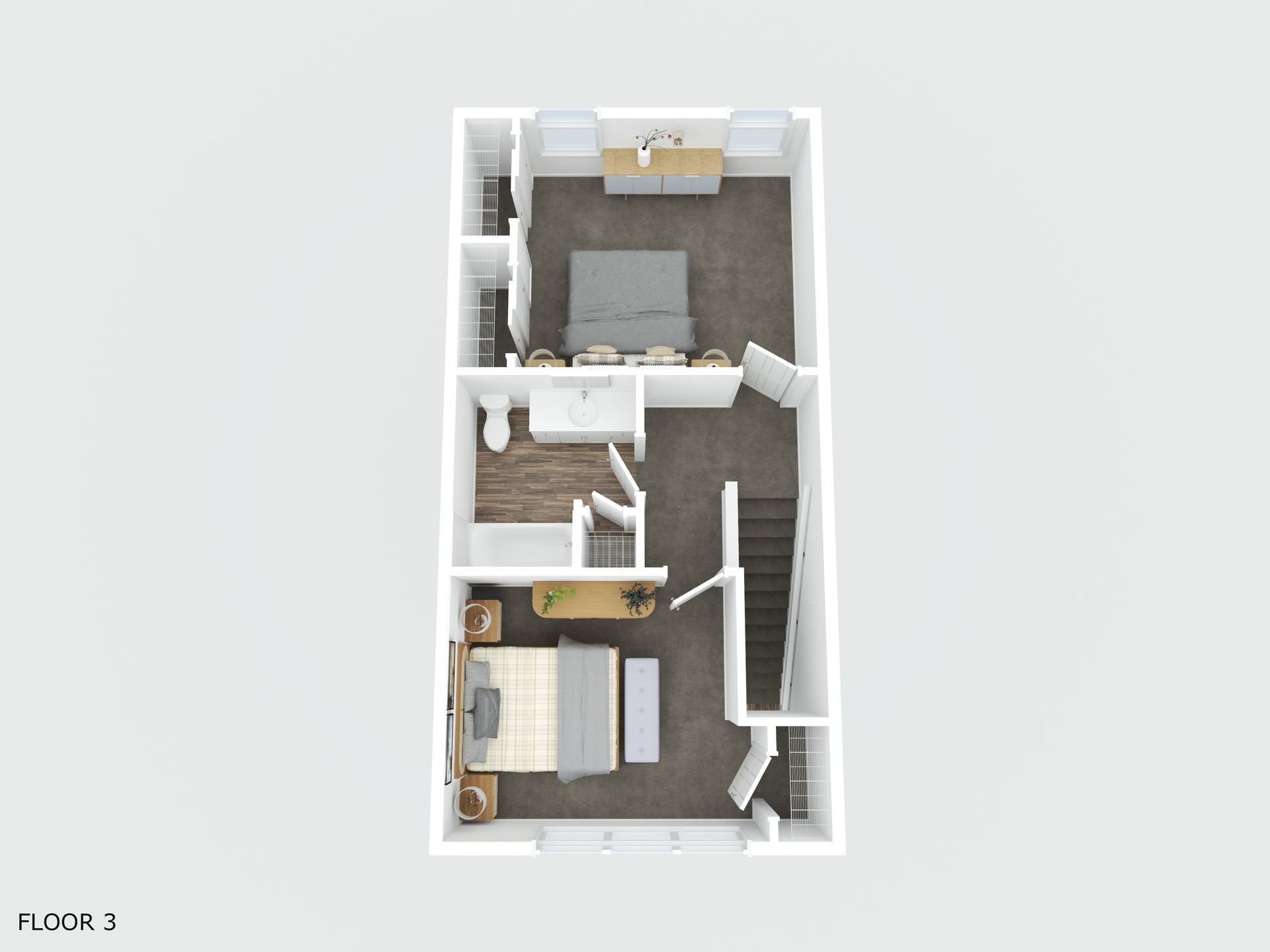A 3d floor plan of a house with a bedroom and stairs. - 310 Sruthi Drive