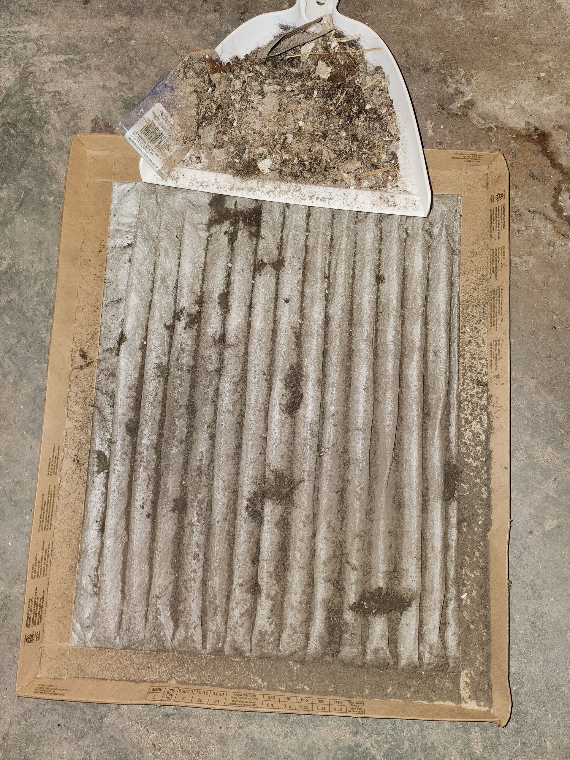 A dirty, dust-covered HVAC filter sits on a piece of cardboard next to a dustpan filled with debris.