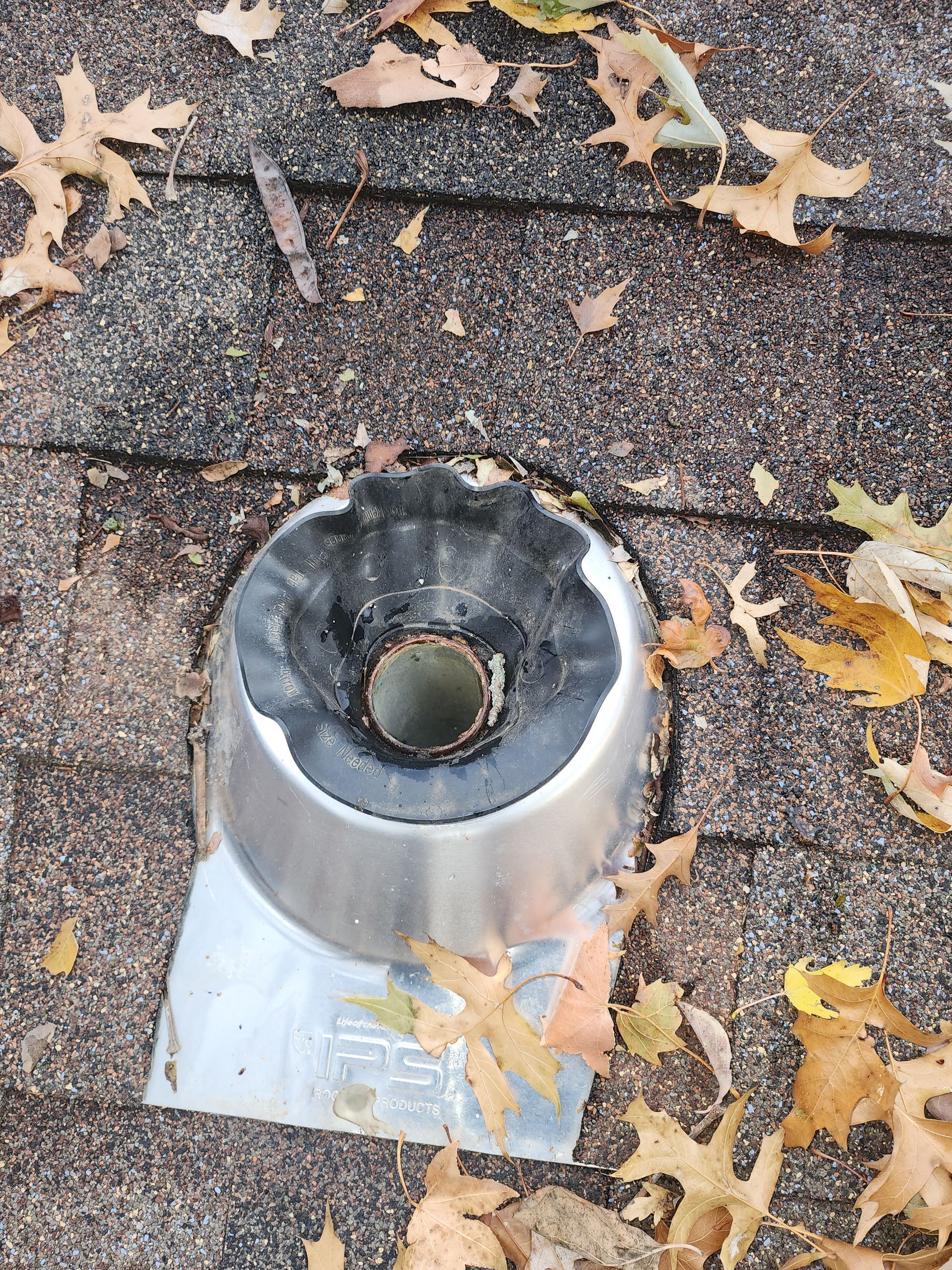 A close-up of a damaged, weathered roof plumbing vent pipe boot surrounded by fallen leaves on asphalt shingles.