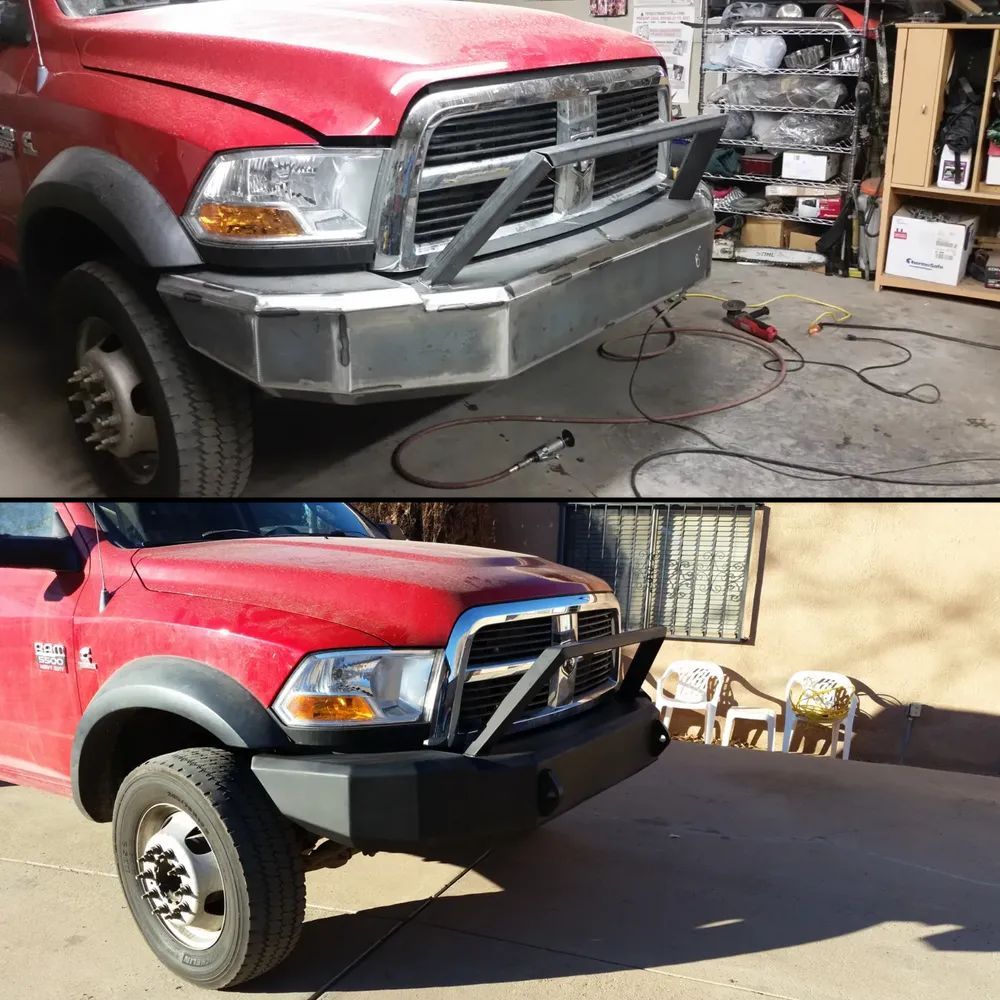 Red pickup truck with a chrome grille and aftermarket bumper, shown in a garage and outdoors.