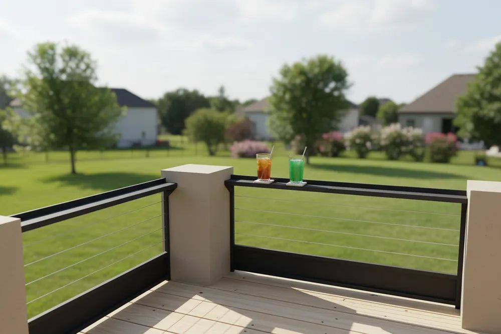 Balcony railing overlooking a green yard with two colorful drinks on the ledge