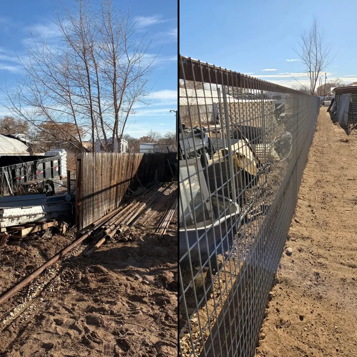 Split view of a muddy yard with a fence, leafless tree, and farm animals behind a wire enclosure.