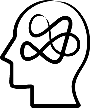 Silhouette of a head with a tangled line inside, representing complex thoughts.