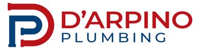 D'Arpino plumbing logo. D'Arpino in hold red and plumbing in blue.