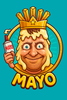 Cartoon mayo mascot with crown holding a mayo bottle, surrounded by a gold ring, with &ldquo;MAYO&rdquo; text below.