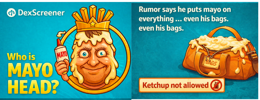 DexScreener ad with cartoon mayo jar face wearing fries crown and text “Who is MAYO HEAD?”