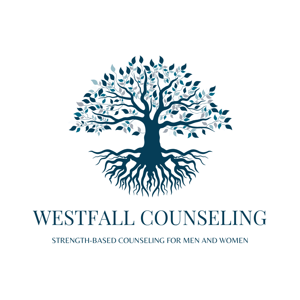 Logo: Tree with roots and leaves, "Westfall Counseling" below, dark blue on white.