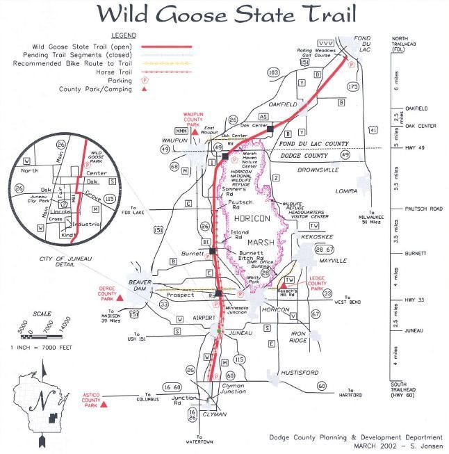 Wild Goose State Trail map showing route through Dodge County in red with towns and landmarks.