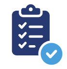 Blue checklist clipboard with white checkmarks and a blue confirmation check icon.