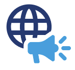 Blue globe icon with a megaphone, suggesting global announcements or public communication