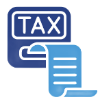 Blue tax icon with document and receipt overlay