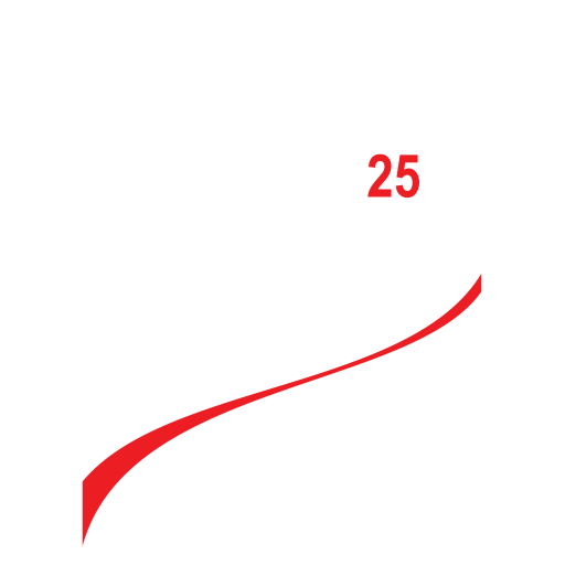 Red swoosh logo with the number 25 in red on a white background