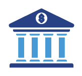 Blue bank building icon with a dollar sign in the pediment