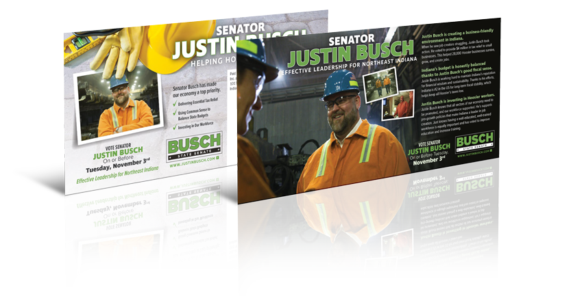 Two political campaign mailers for Senator Justin Busch featuring him in a hard hat and safety vest on a dark background.