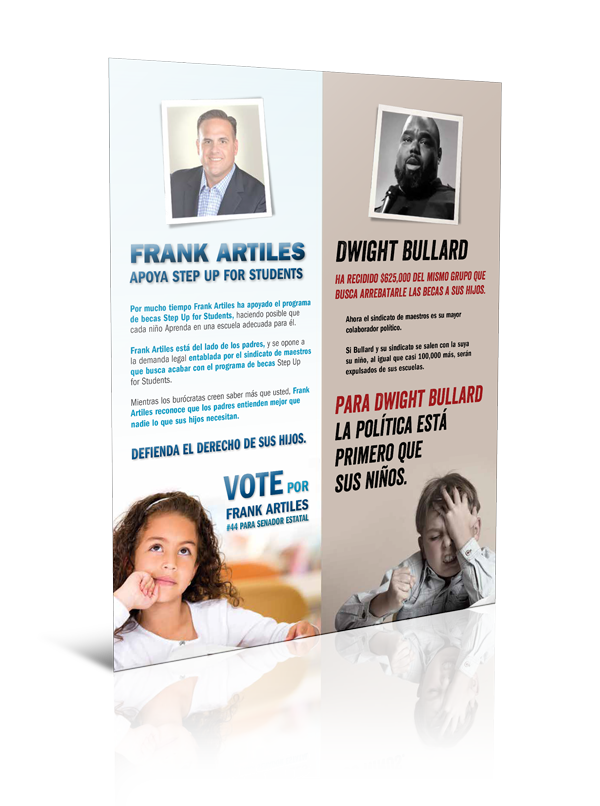 Political flyer comparing candidates Frank Artiles and Dwight Bullard with photos, text, and calls to vote.