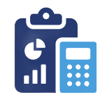 Blue clipboard with charts next to a light blue calculator icon