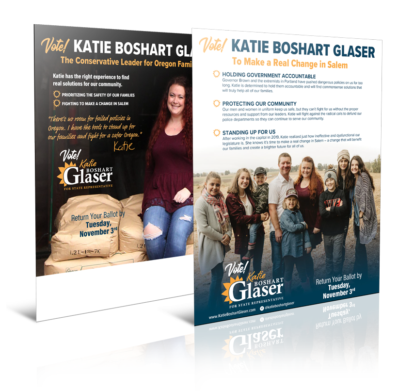 Two Glaser campaign flyers with a woman’s photo, orange and blue branding, and event details