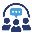 Blue icon of three people with a speech bubble above them, representing group chat or discussion