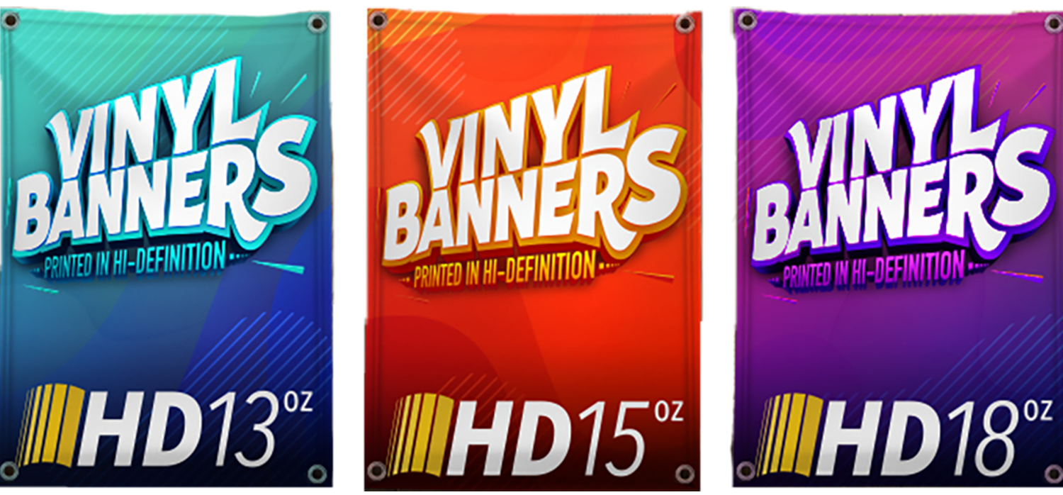 Three vinyl banners in different colors are sitting next to each other on a white background.