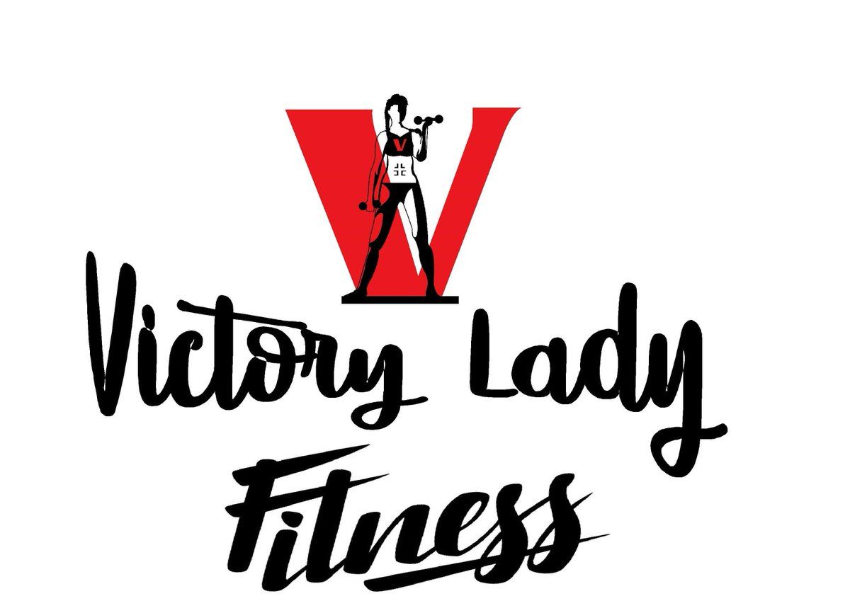 A logo for victory lady fitness with a woman in a red v on a white background.