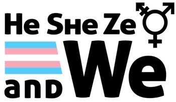 A logo for he she ze and we with a transgender flag.