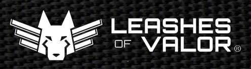Leashes of Valor logo with a white dog head and wings on a black background