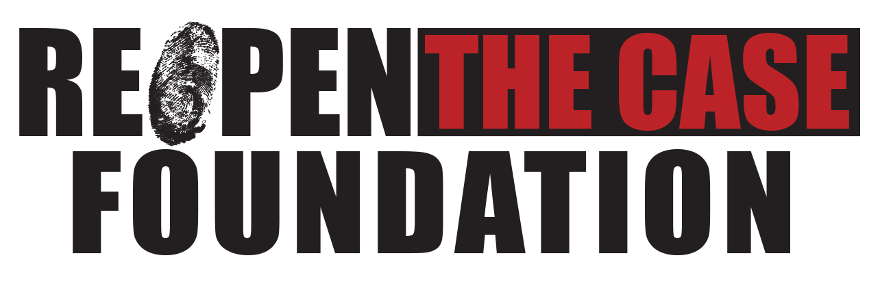 The logo for the reopen the case foundation is black and red.