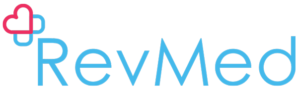 A blue and red logo for revmed with a heart in the middle