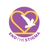 A logo for end the stigma with a heart and a bird in a circle.