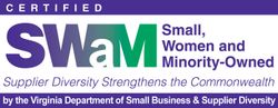 Certified SWaM logo in purple and teal: Small, Women and Minority-Owned business certification by Virginia.