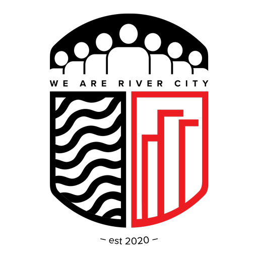 The logo for we are river city is black and red and says we are river city.