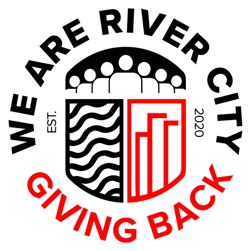 A logo for we are river city giving back.