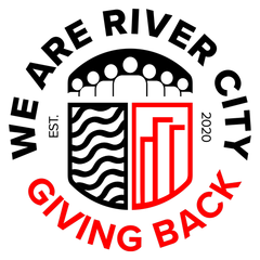 A logo for we are river city giving back.