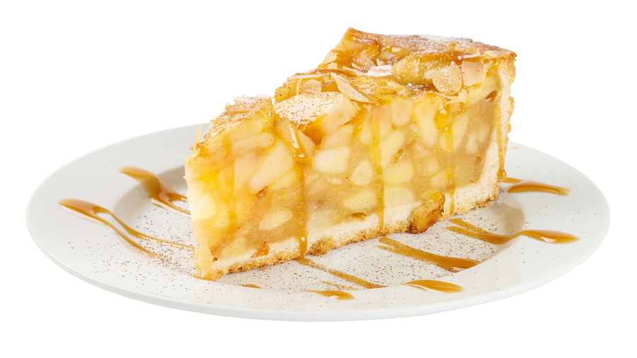 A single slice of apple pie on a white plate, drizzled with caramel sauce and dusted with cinnamon.