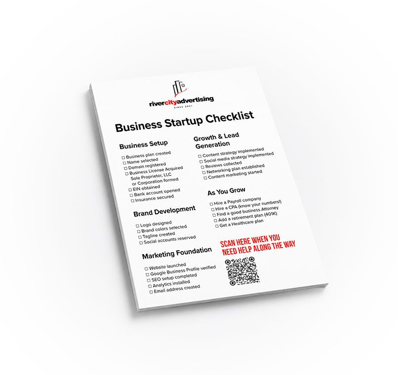 White business startup checklist flyer with black text and a red QR code, tilted on a light background