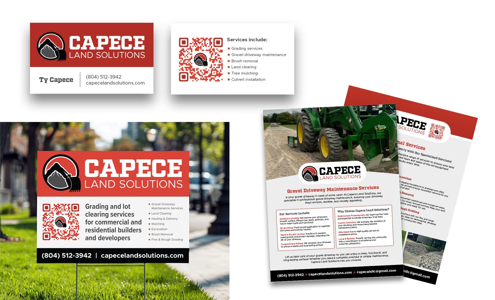 Capece landscaping business cards and brochure with red-and-black branding on a white background