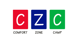 A red , blue and green logo for czc comfort zone camp.