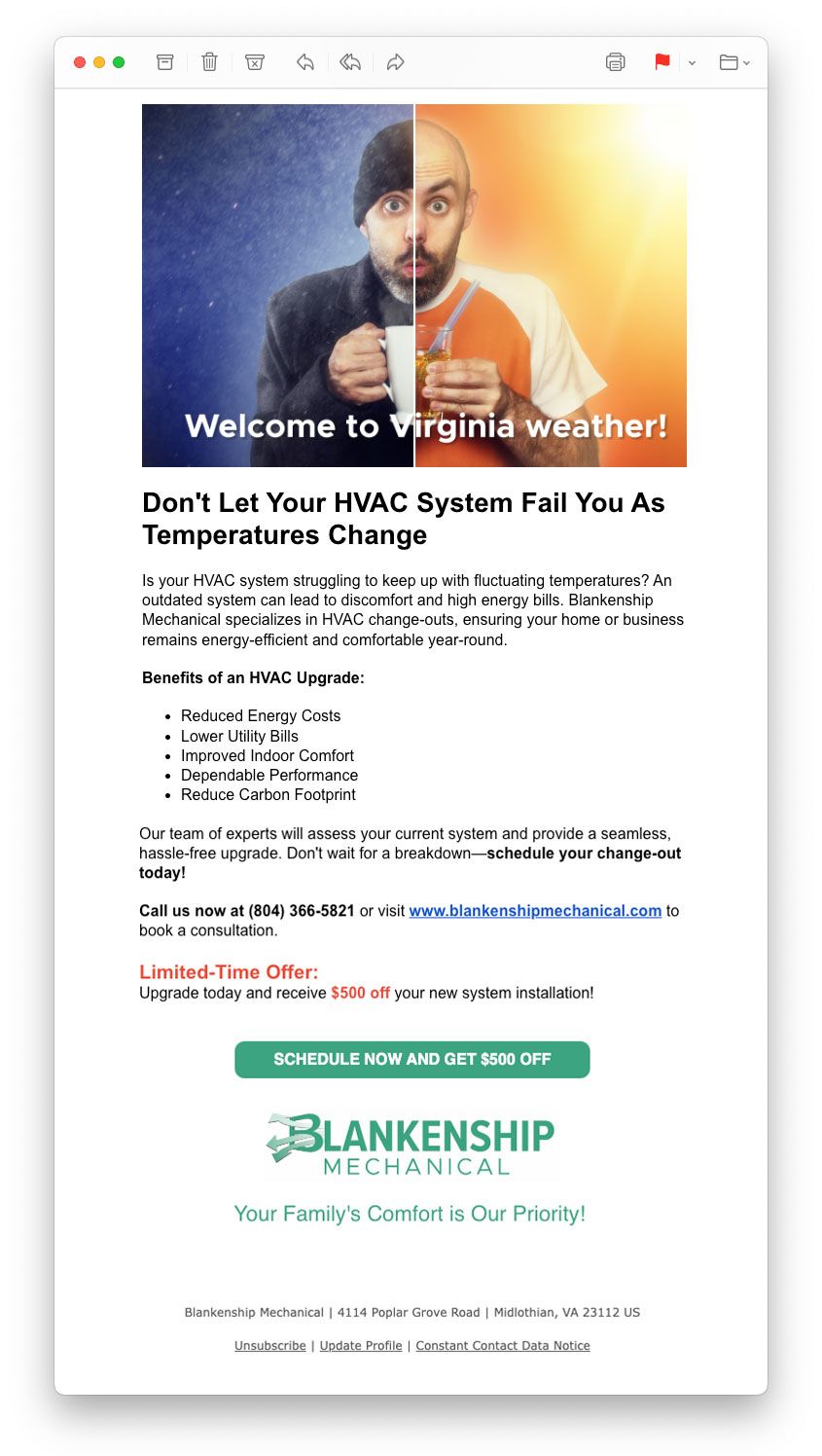 Promotional email from Blankenship Mechanical for HVAC services, featuring a split-tone image and a call to action button.