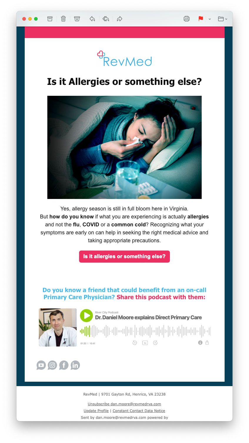 RevMed email newsletter featuring an article on allergies, a button, and a primary care podcast link.