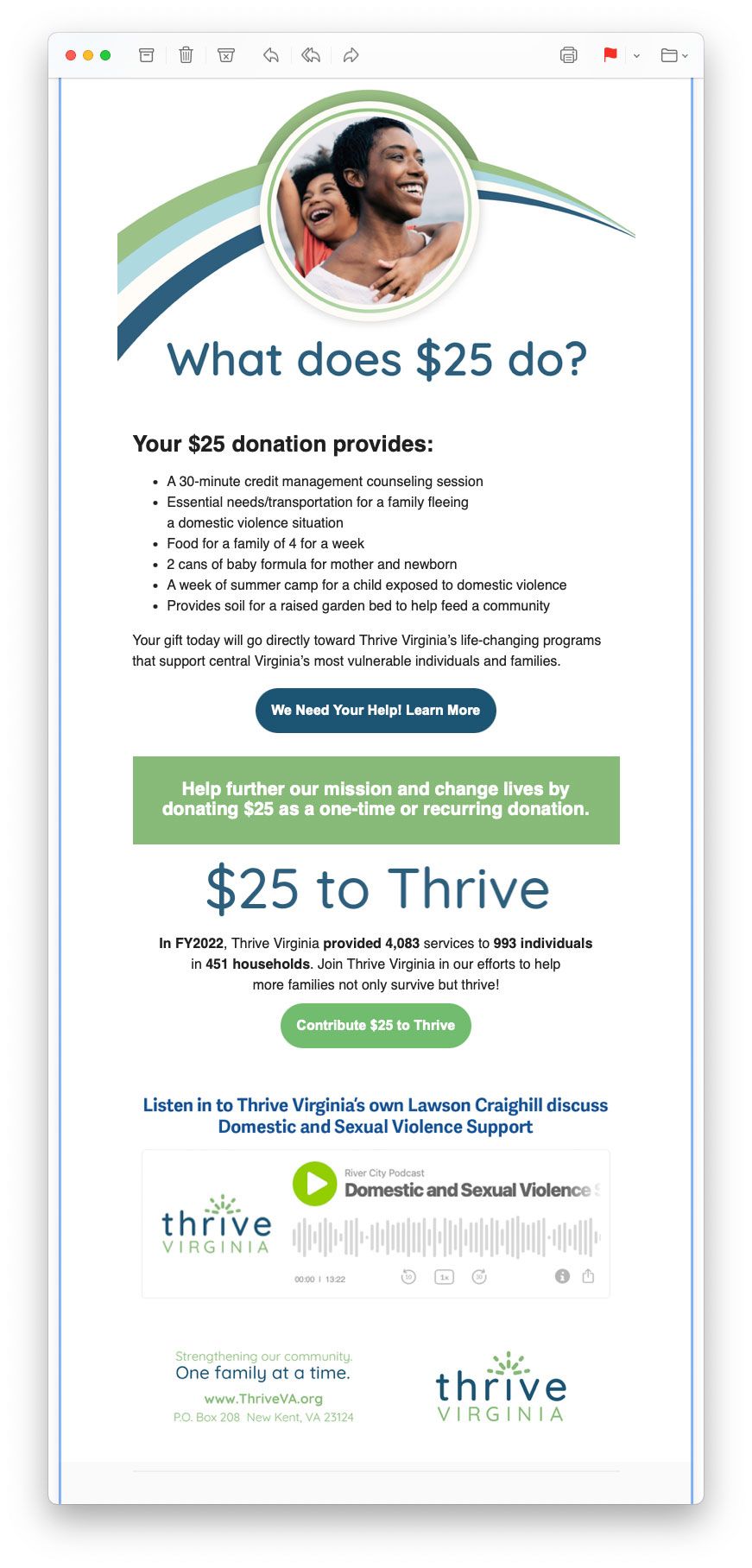 Email promoting a $25 donation to Thrive to support families with food, housing, and health resources.
