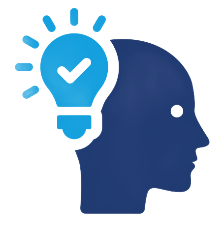 Blue profile of a head with a lightbulb and checkmark, symbolizing ideas or intelligence