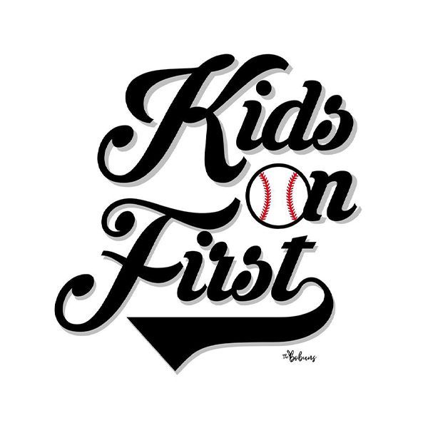 A black and white logo that says kids on first