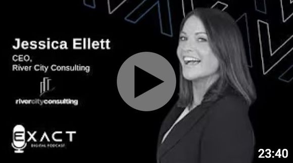 Jessica Ellett in a black-and-white podcast thumbnail, smiling beside a play button and Exact logo.