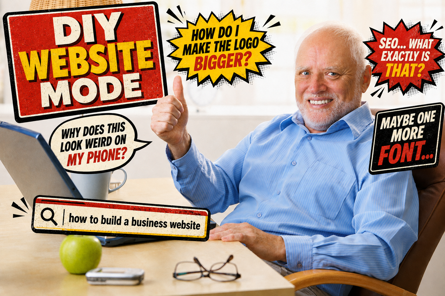Man at desk with laptop and DIY website mockups, asking how to make text bigger and adding more font.