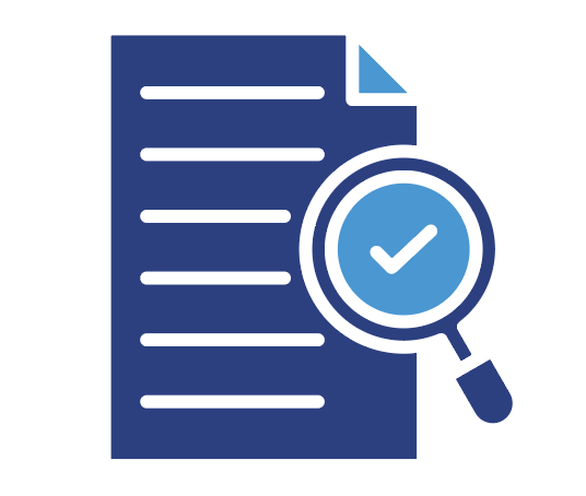Blue document with lines and magnifying glass checkmark icon, suggesting document review or verification