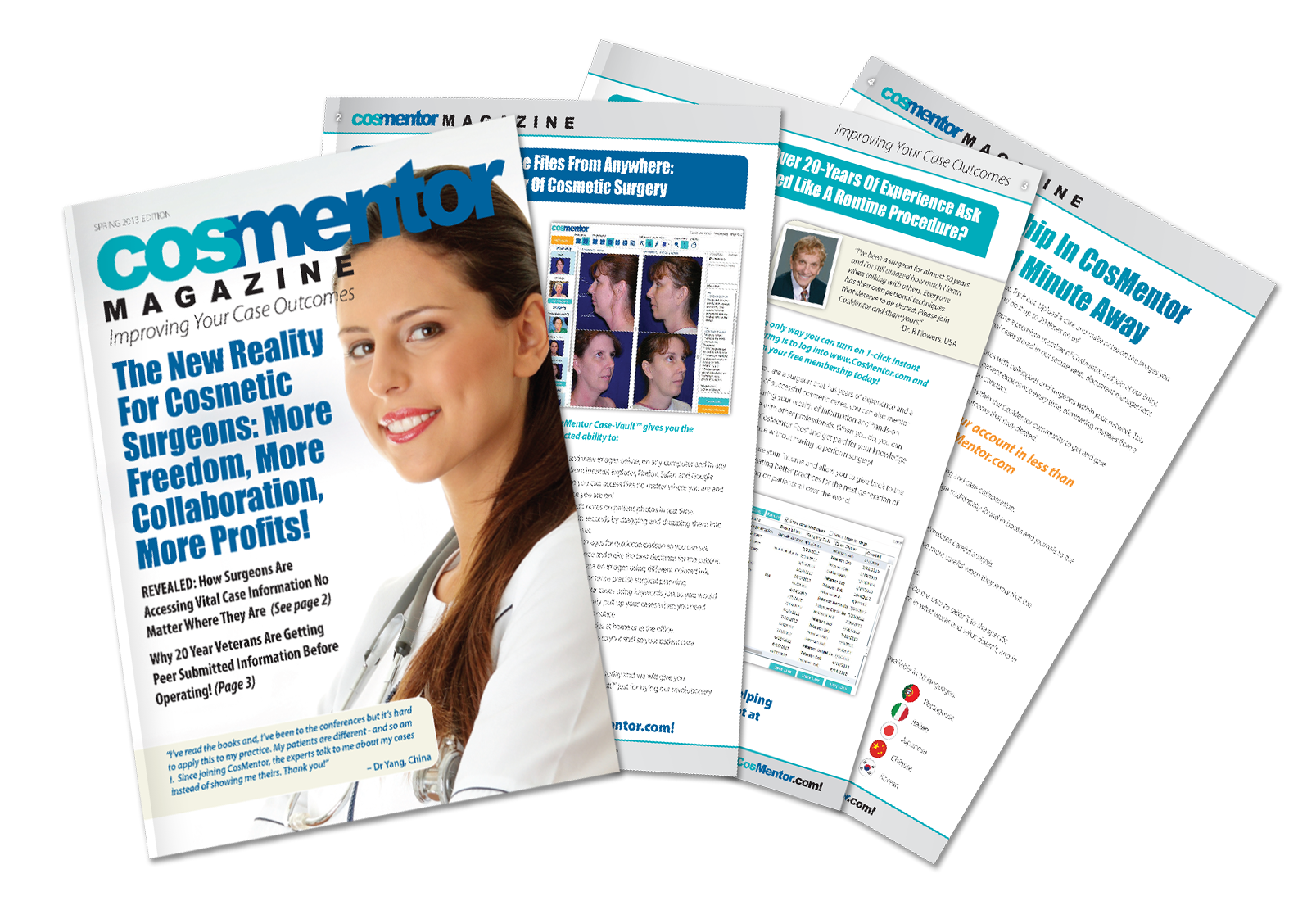 Cosmentor Magazine and printouts. Magazine cover features smiling woman in white coat. Articles show webpage layouts.