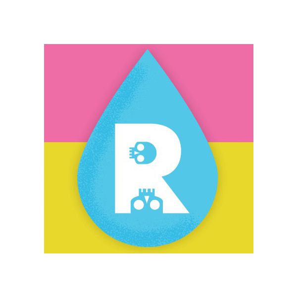 A blue drop with the letter r on it