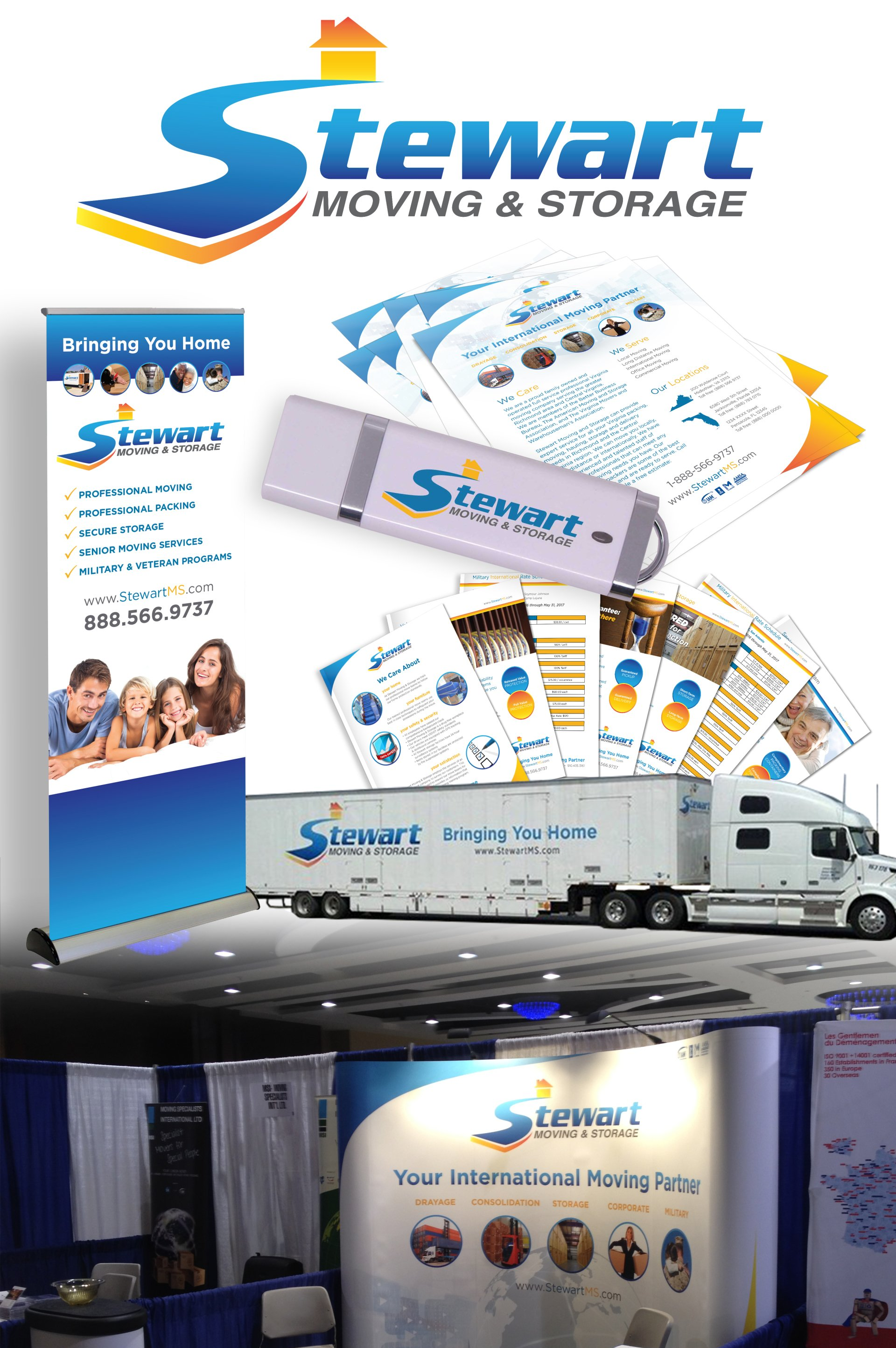 Stewart Moving & Storage branded booth display with brochures, truck graphics, and trade show backdrop