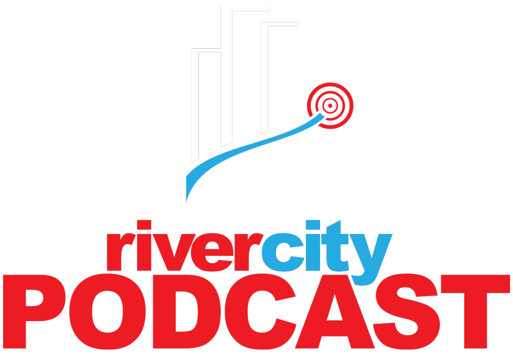 A logo for river city podcast with a target on it
